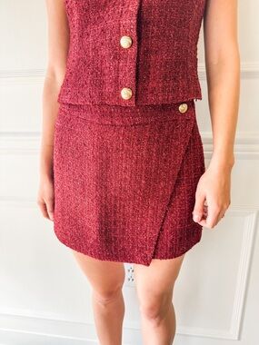 2.7 AUGUST APPAREL Red Tweed Wrap Mini Skirt with Gold Buttons
